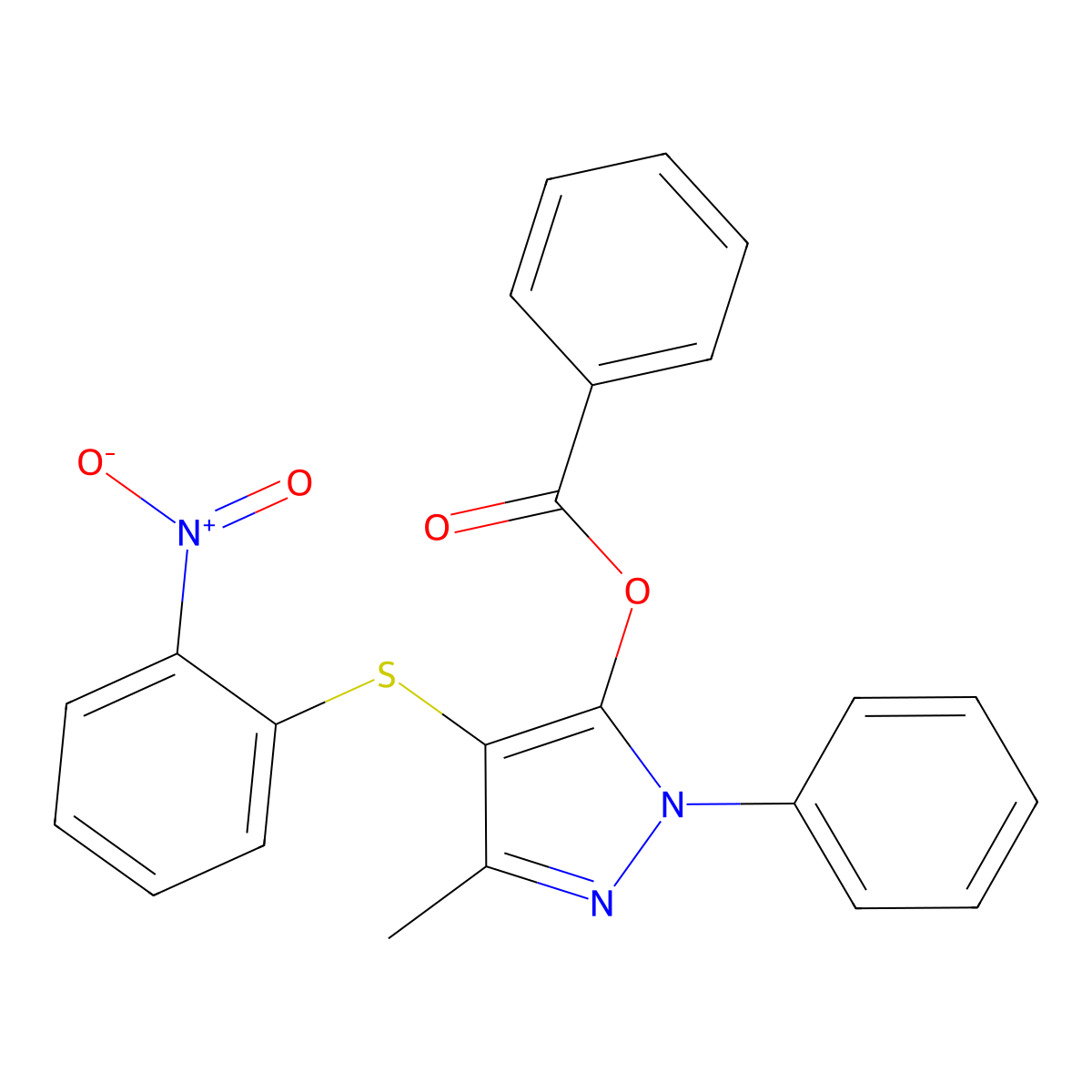 3-methyl-4-((2-nitrophenyl)thio)-1-phenyl-1H-pyrazol-5-yl benzoate molecular structure, CAS 851126-39-1