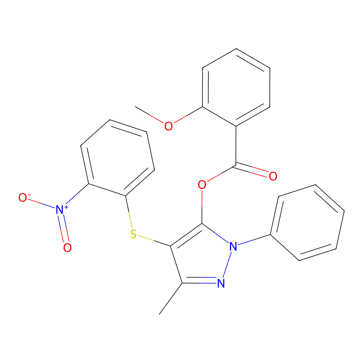 3-methyl-4-((2-nitrophenyl)thio)-1-phenyl-1H-pyrazol-5-yl 2-methoxybenzoate molecular structure, CAS 851126-40-4