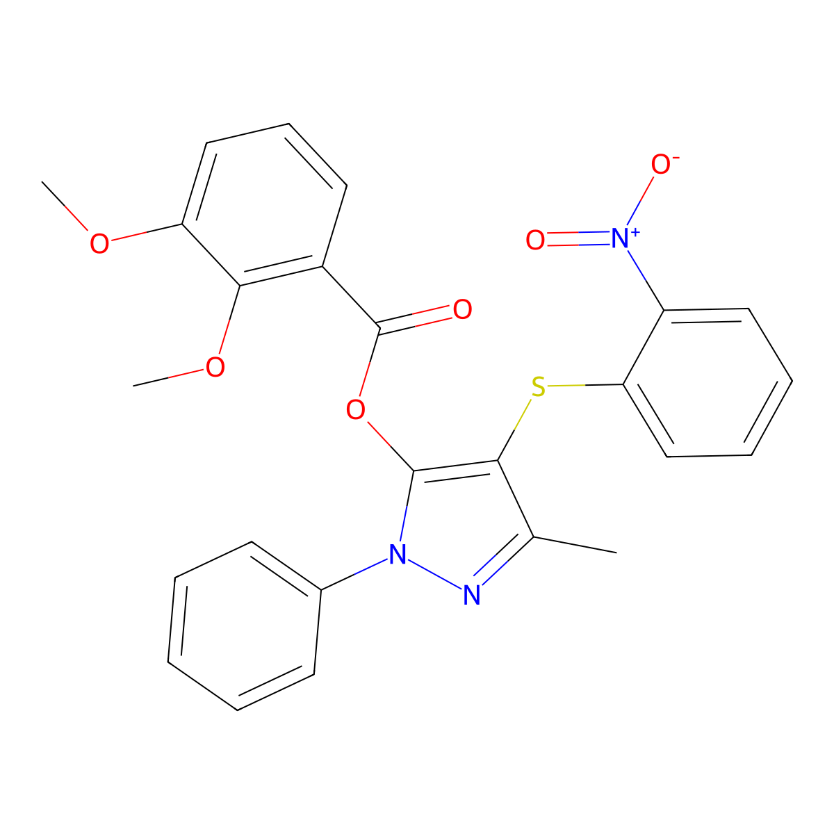 3-methyl-4-((2-nitrophenyl)thio)-1-phenyl-1H-pyrazol-5-yl 2,3-dimethoxybenzoate molecular structure, CAS 851126-42-6