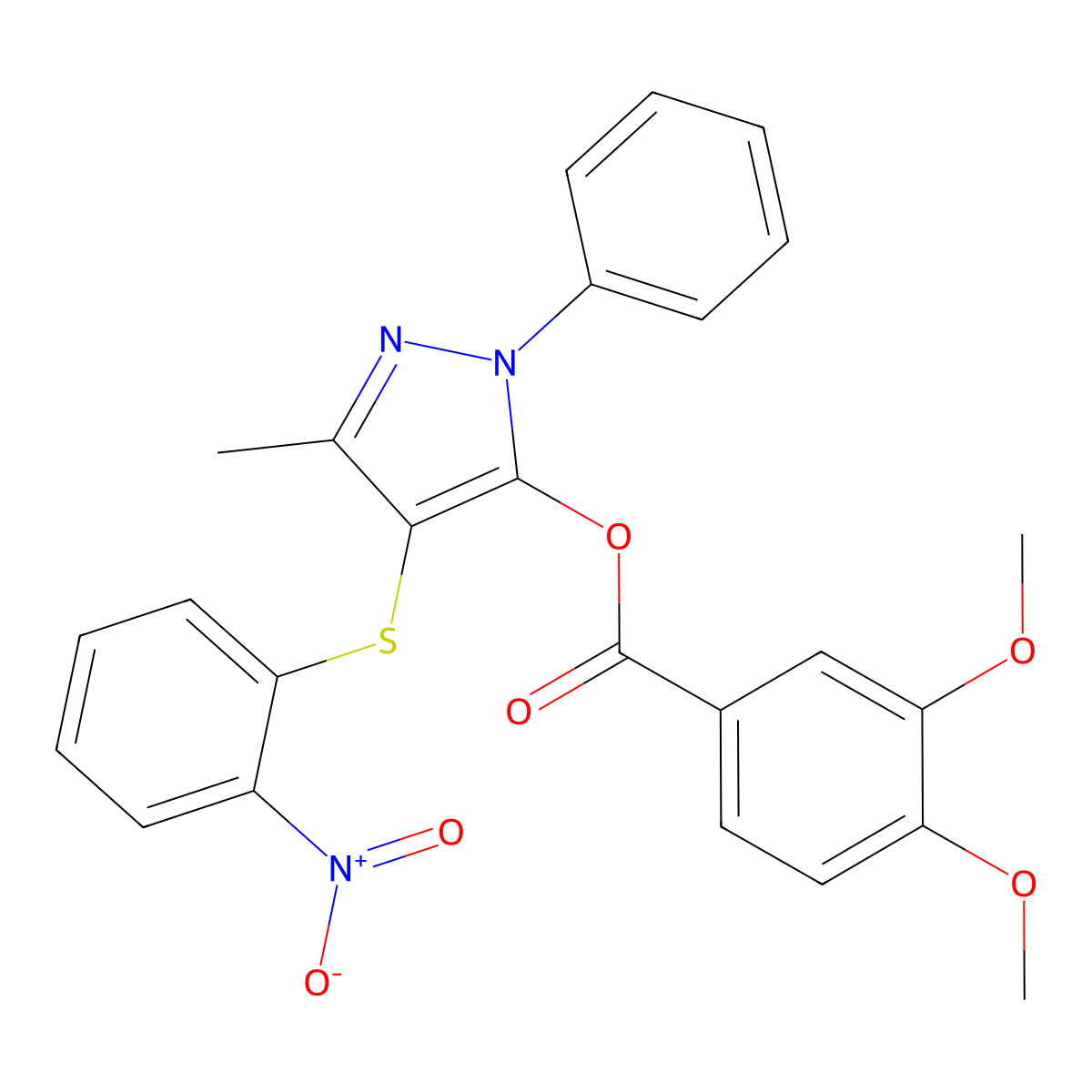 3-methyl-4-((2-nitrophenyl)thio)-1-phenyl-1H-pyrazol-5-yl 3,4-dimethoxybenzoate molecular structure, CAS 851126-43-7