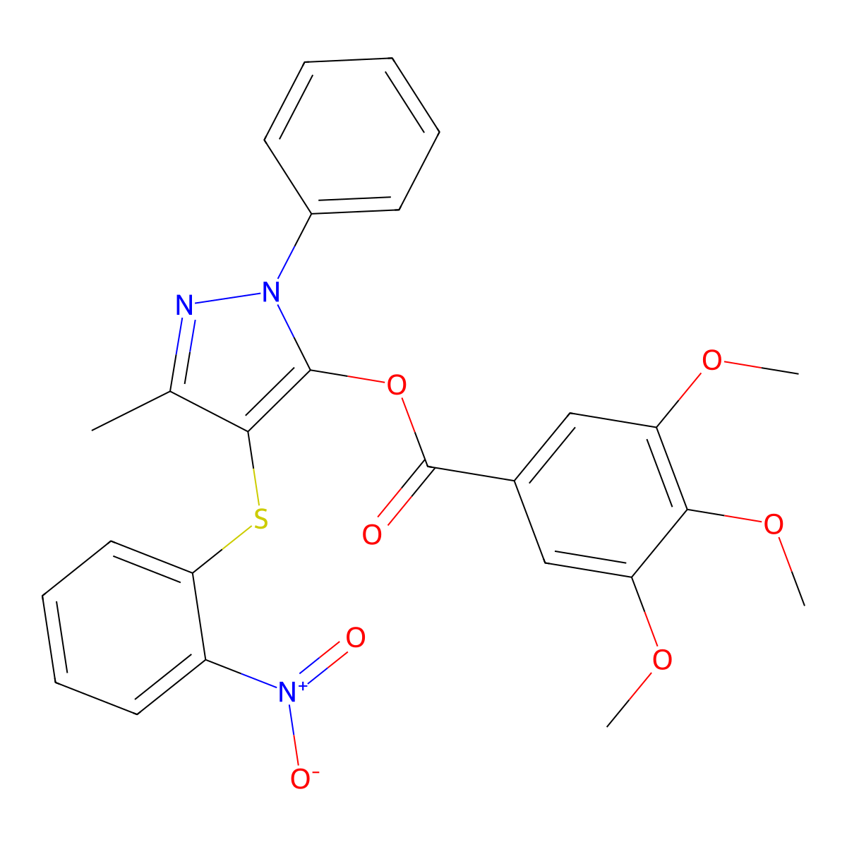 3-methyl-4-((2-nitrophenyl)thio)-1-phenyl-1H-pyrazol-5-yl 3,4,5-trimethoxybenzoate molecular structure, CAS 851126-44-8