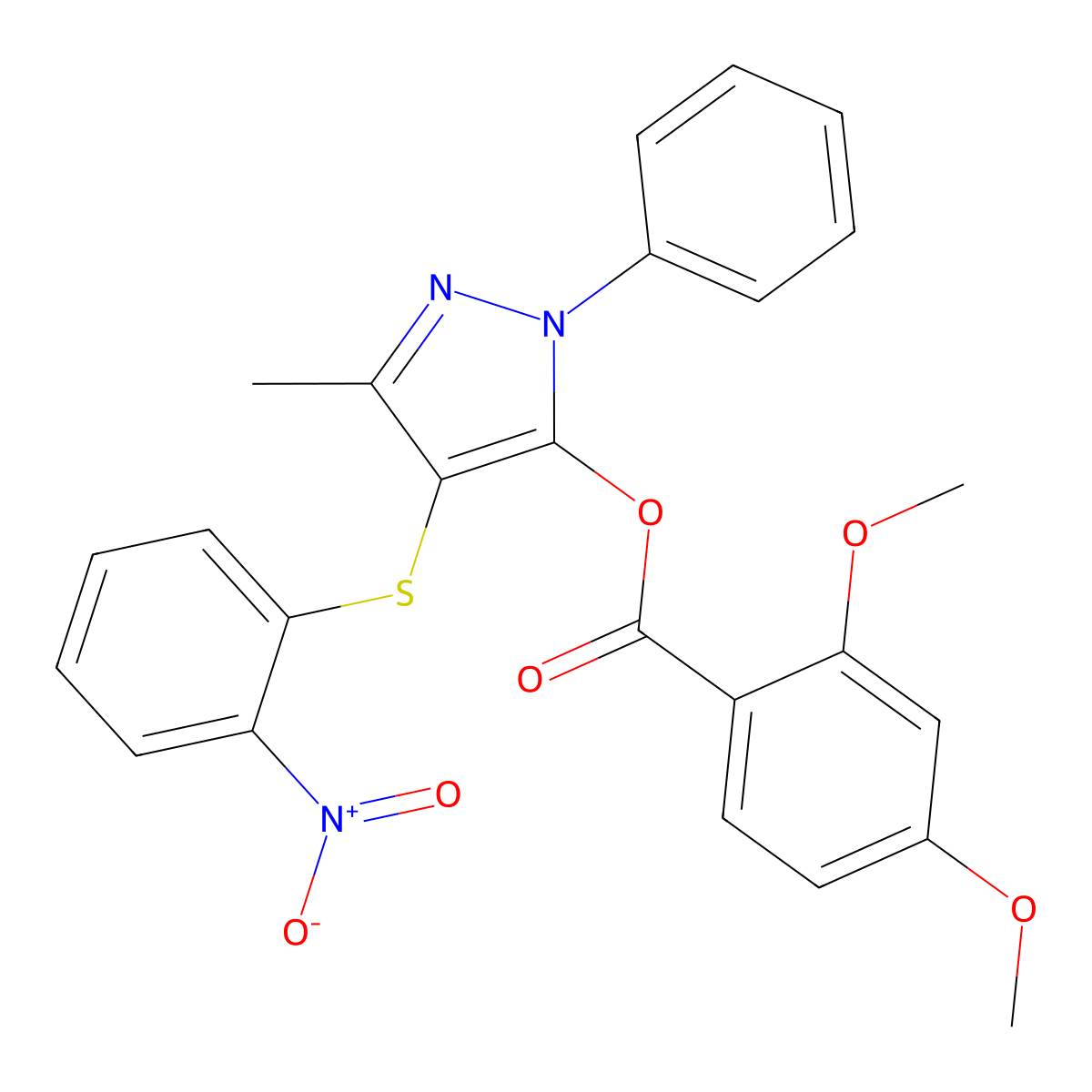 [5-Methyl-4-(2-nitrophenyl)sulfanyl-2-phenylpyrazol-3-yl] 2,4-dimethoxybenzoate molecular structure, CAS 851126-46-0