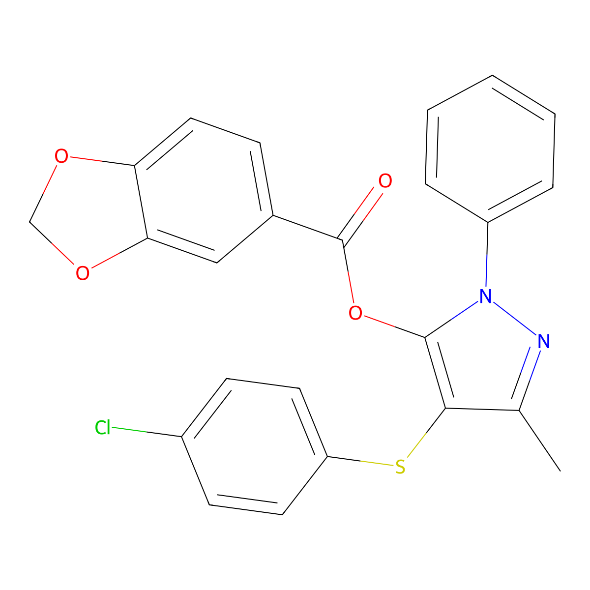 4-((4-chlorophenyl)thio)-3-methyl-1-phenyl-1H-pyrazol-5-yl benzo[d][1,3]dioxole-5-carboxylate molecular structure, CAS 851126-48-2