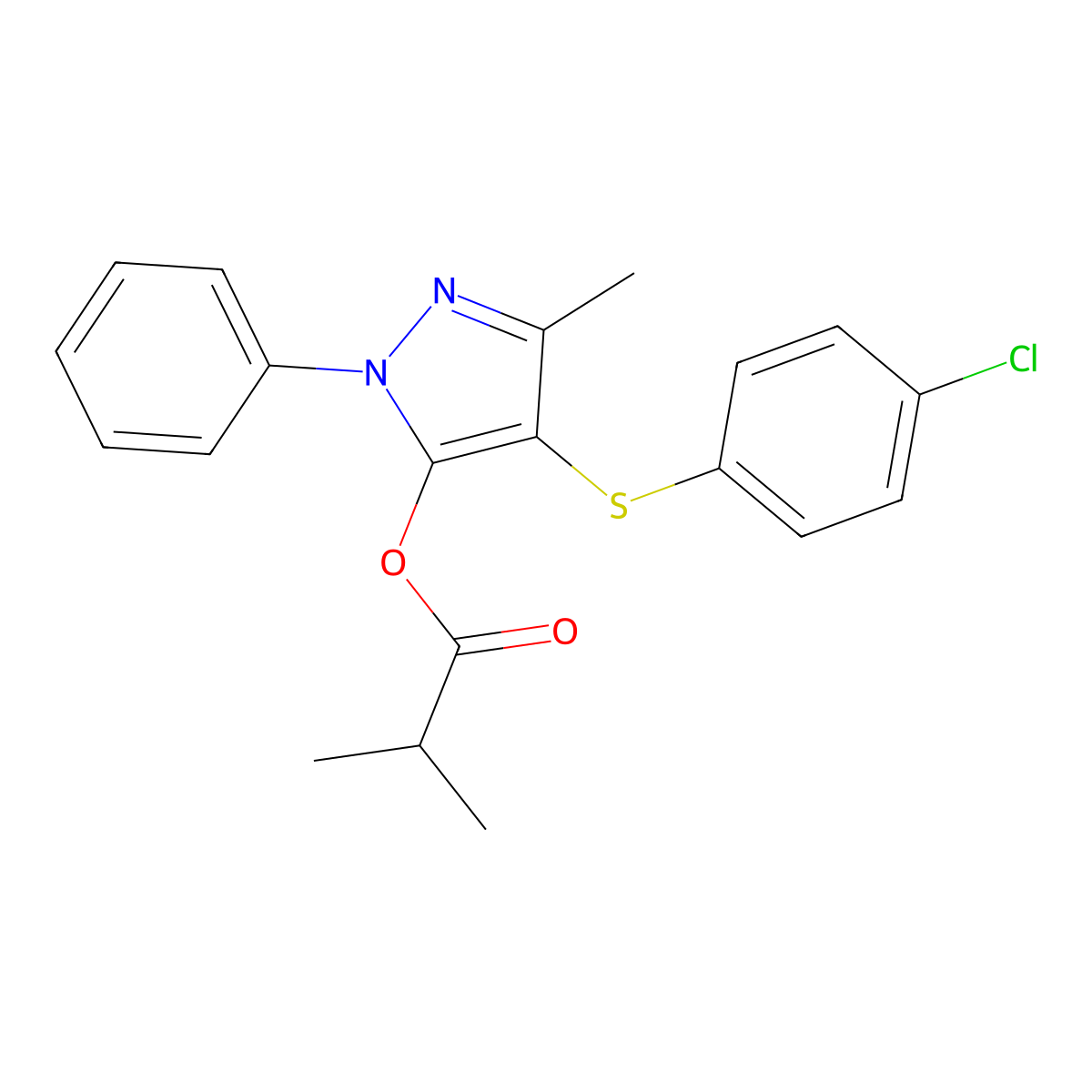 4-((4-chlorophenyl)thio)-3-methyl-1-phenyl-1H-pyrazol-5-yl isobutyrate molecular structure, CAS 851126-53-9