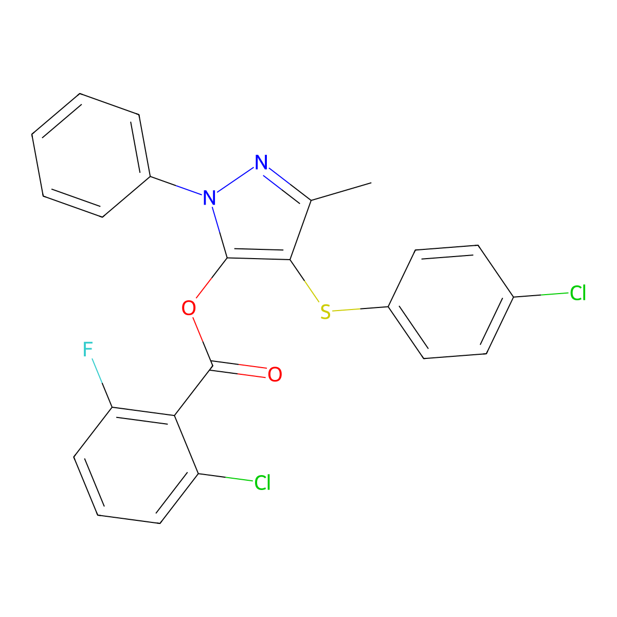 4-((4-chlorophenyl)thio)-3-methyl-1-phenyl-1H-pyrazol-5-yl 2-chloro-6-fluorobenzoate molecular structure, CAS 851126-55-1