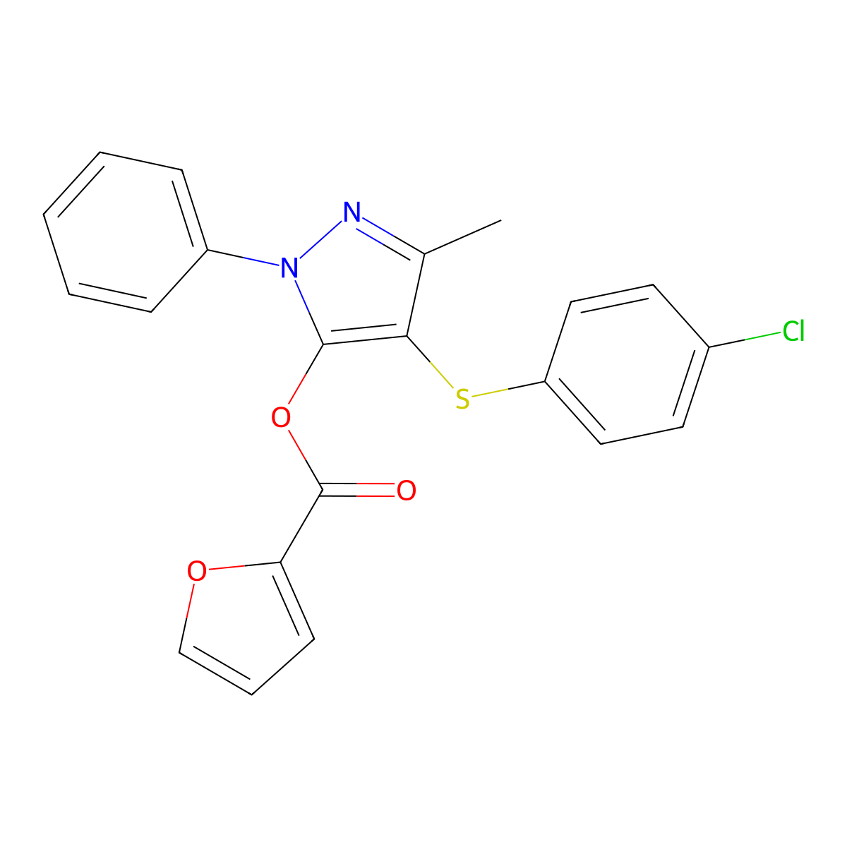 4-((4-chlorophenyl)thio)-3-methyl-1-phenyl-1H-pyrazol-5-yl furan-2-carboxylate molecular structure, CAS 851126-58-4