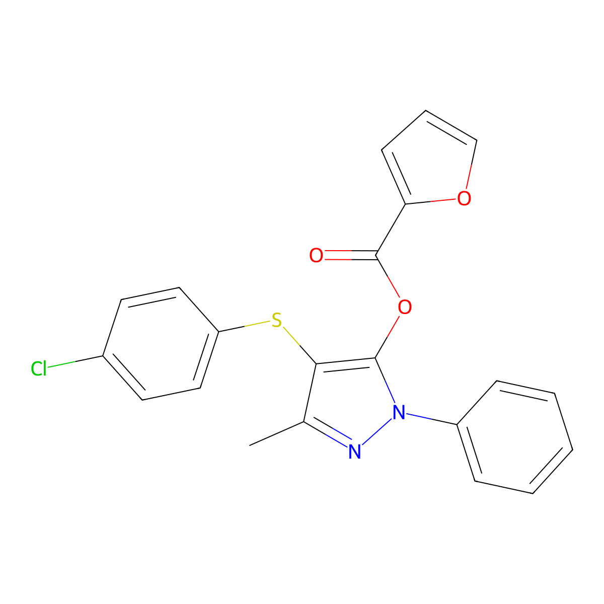 4-((4-chlorophenyl)thio)-3-methyl-1-phenyl-1H-pyrazol-5-yl furan-2-carboxylate molecular structure, CAS 851126-58-4