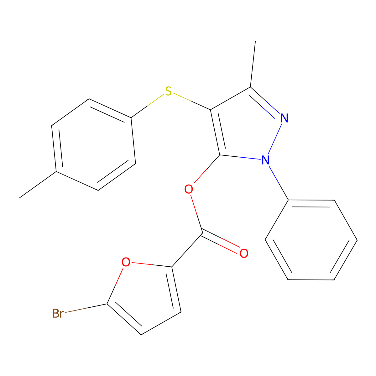 3-methyl-1-phenyl-4-(p-tolylthio)-1H-pyrazol-5-yl 5-bromofuran-2-carboxylate molecular structure, CAS 851126-63-1