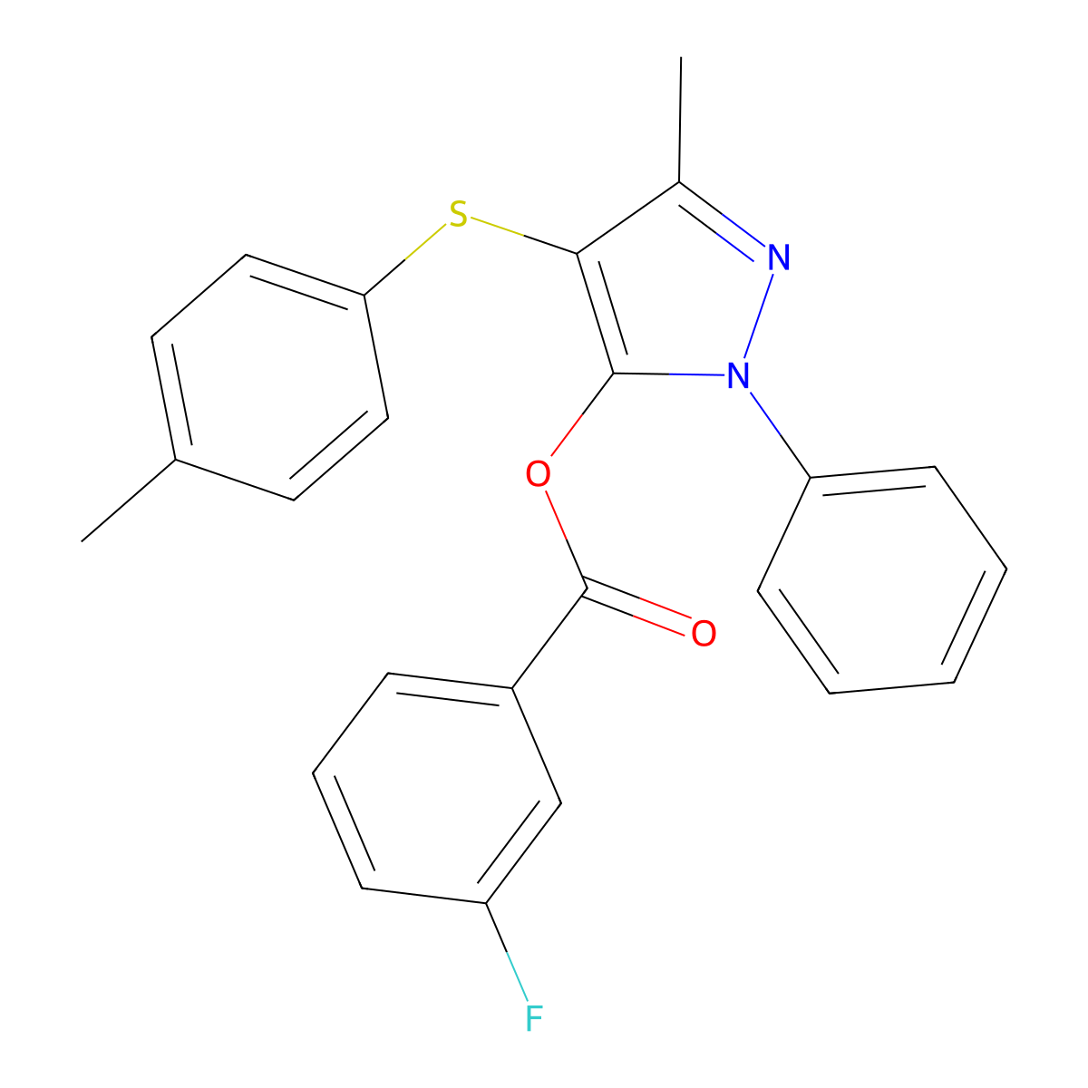 3-methyl-1-phenyl-4-(p-tolylthio)-1H-pyrazol-5-yl 3-fluorobenzoate molecular structure, CAS 851126-69-7