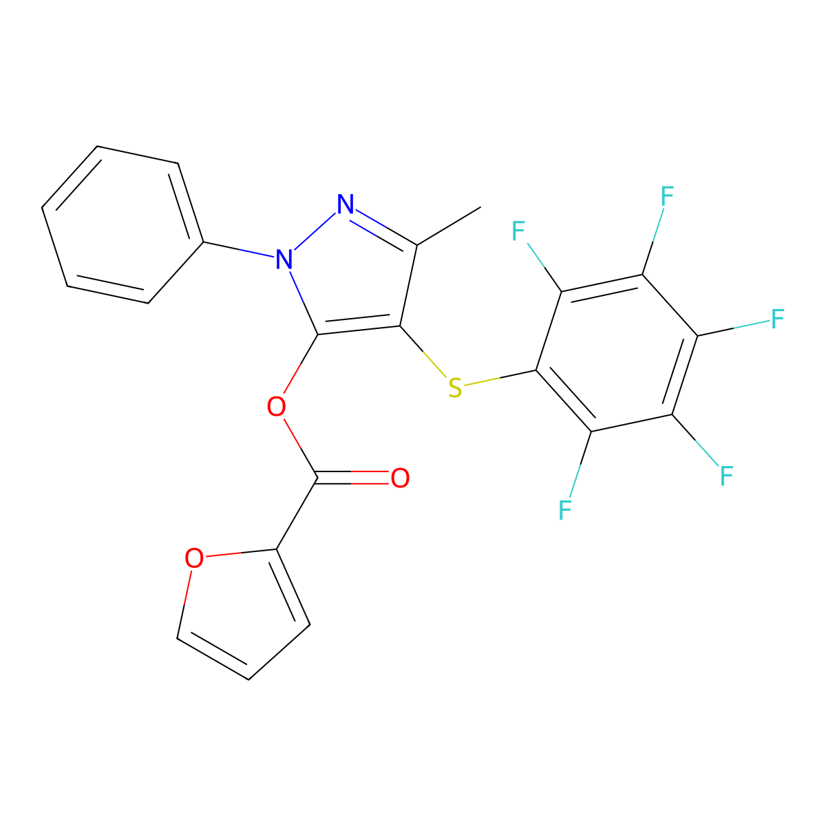 3-methyl-4-((perfluorophenyl)thio)-1-phenyl-1H-pyrazol-5-yl furan-2-carboxylate molecular structure, CAS 851126-79-9
