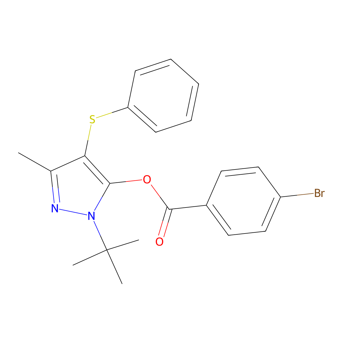 1-(tert-butyl)-3-methyl-4-(phenylthio)-1H-pyrazol-5-yl 4-bromobenzoate molecular structure, CAS 851126-96-0