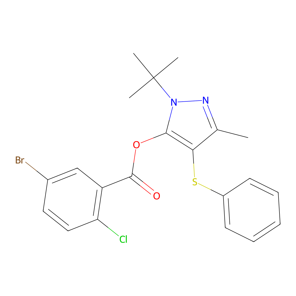 1-(tert-butyl)-3-methyl-4-(phenylthio)-1H-pyrazol-5-yl 5-bromo-2-chlorobenzoate molecular structure, CAS 851127-06-5