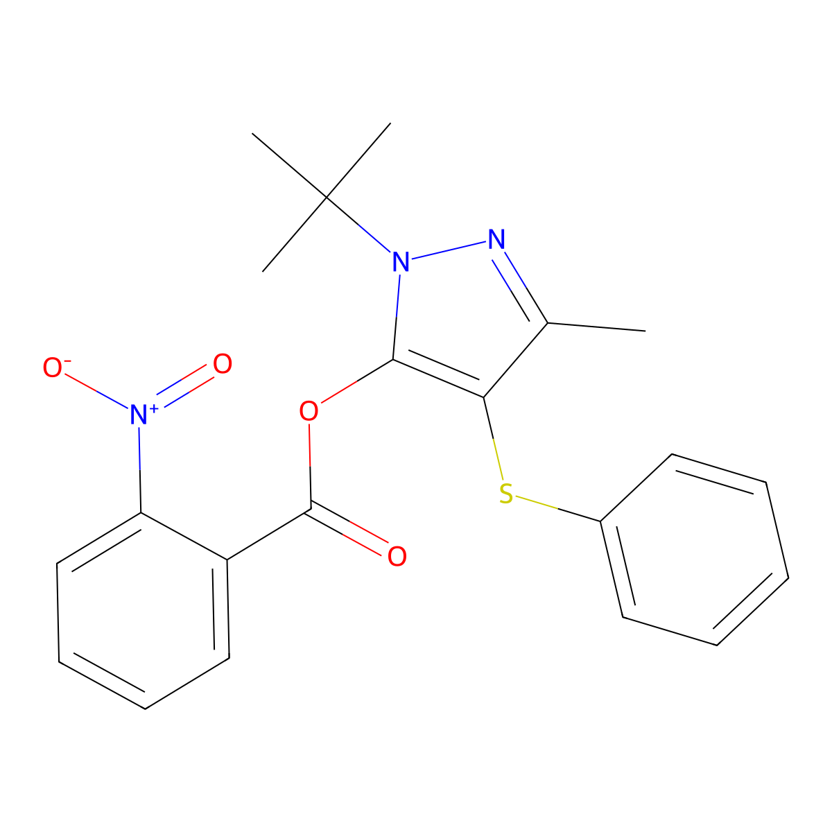 1-(tert-butyl)-3-methyl-4-(phenylthio)-1H-pyrazol-5-yl 2-nitrobenzoate molecular structure, CAS 851127-14-5