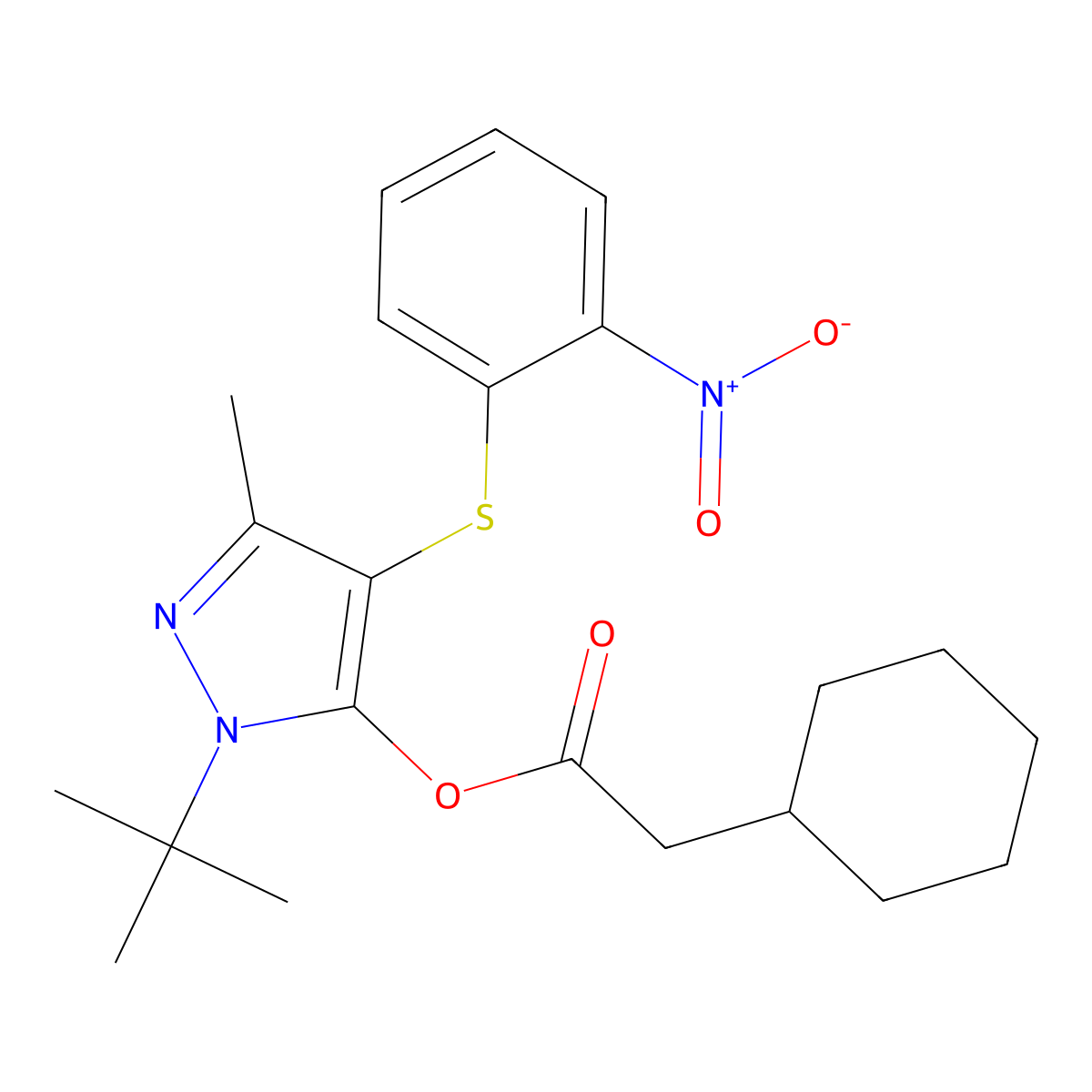 1-(tert-butyl)-3-methyl-4-((2-nitrophenyl)thio)-1H-pyrazol-5-yl 2-cyclohexylacetate molecular structure, CAS 851127-20-3