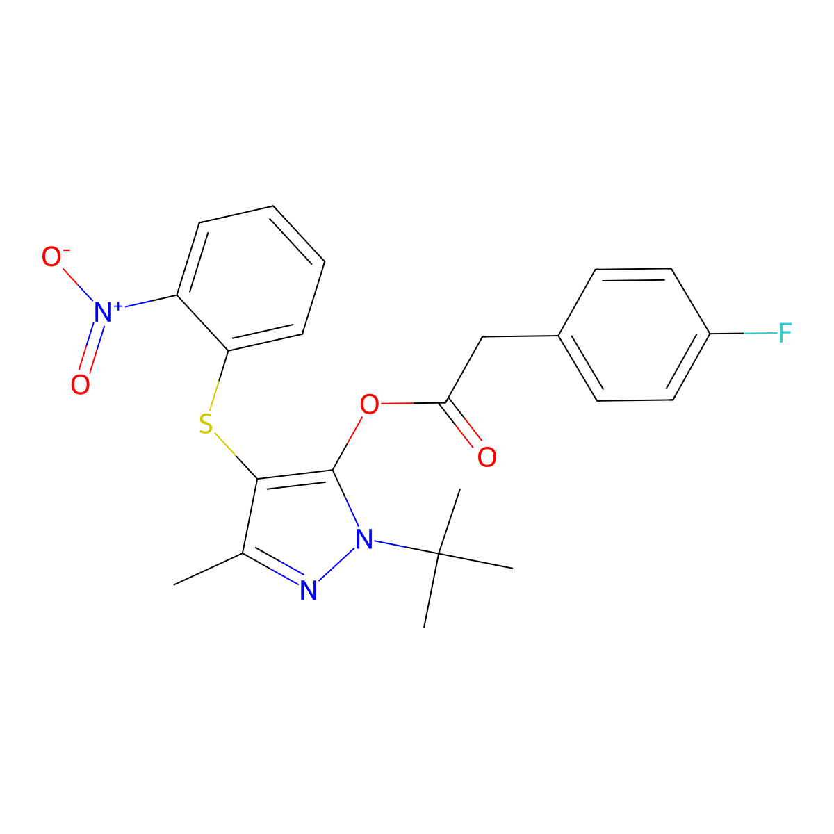 [2-Tert-butyl-5-methyl-4-(2-nitrophenyl)sulfanylpyrazol-3-yl] 2-(4-fluorophenyl)acetate molecular structure, CAS 851127-22-5