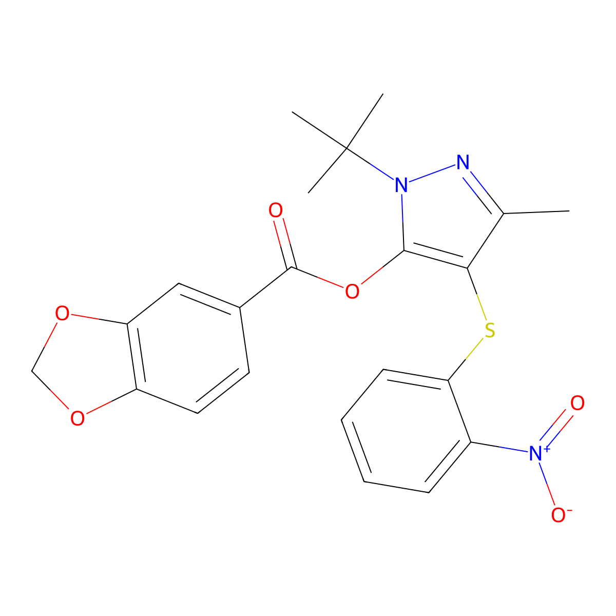 [2-Tert-butyl-5-methyl-4-(2-nitrophenyl)sulfanylpyrazol-3-yl] 1,3-benzodioxole-5-carboxylate molecular structure, CAS 851127-23-6