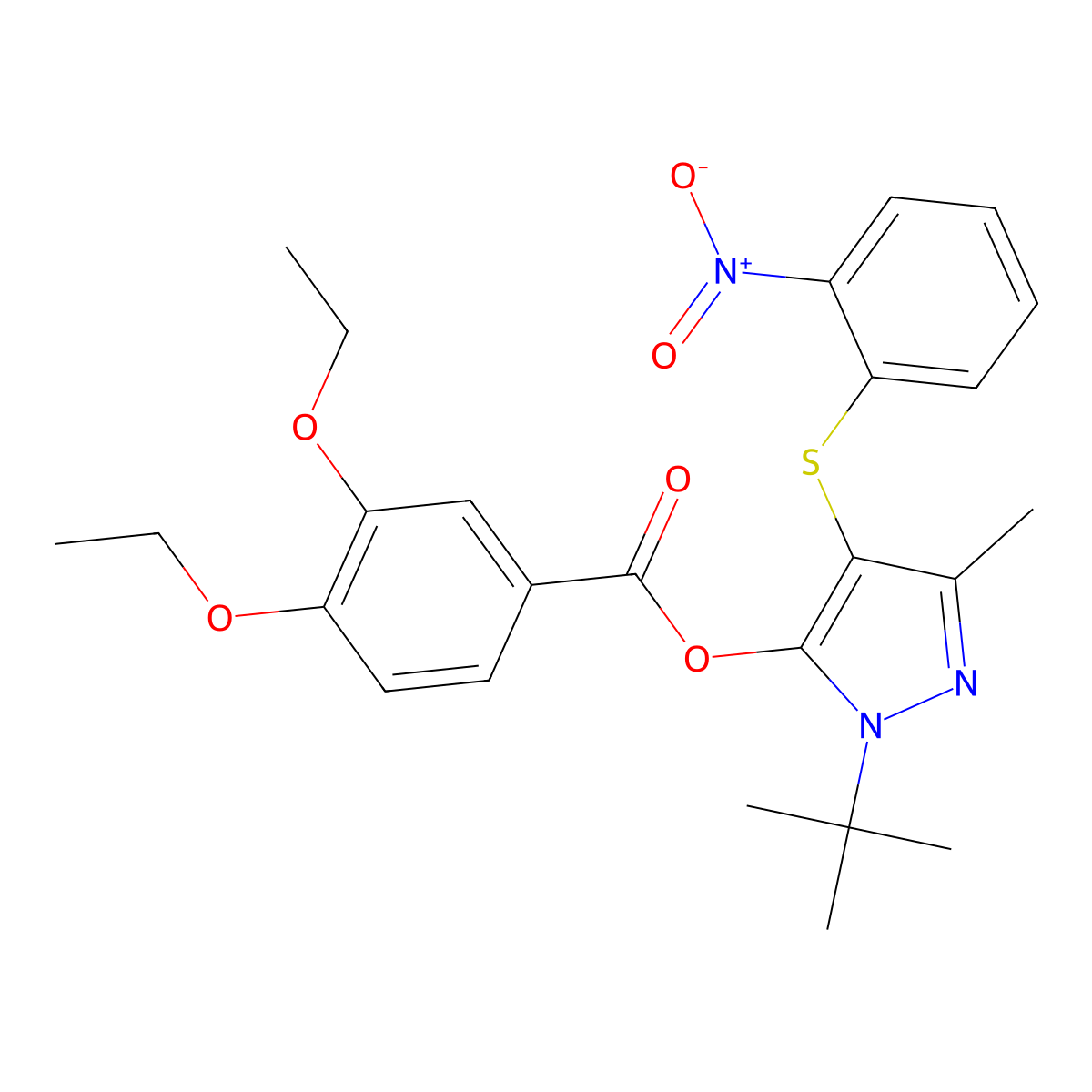 [2-Tert-butyl-5-methyl-4-(2-nitrophenyl)sulfanylpyrazol-3-yl] 3,4-diethoxybenzoate molecular structure, CAS 851127-33-8