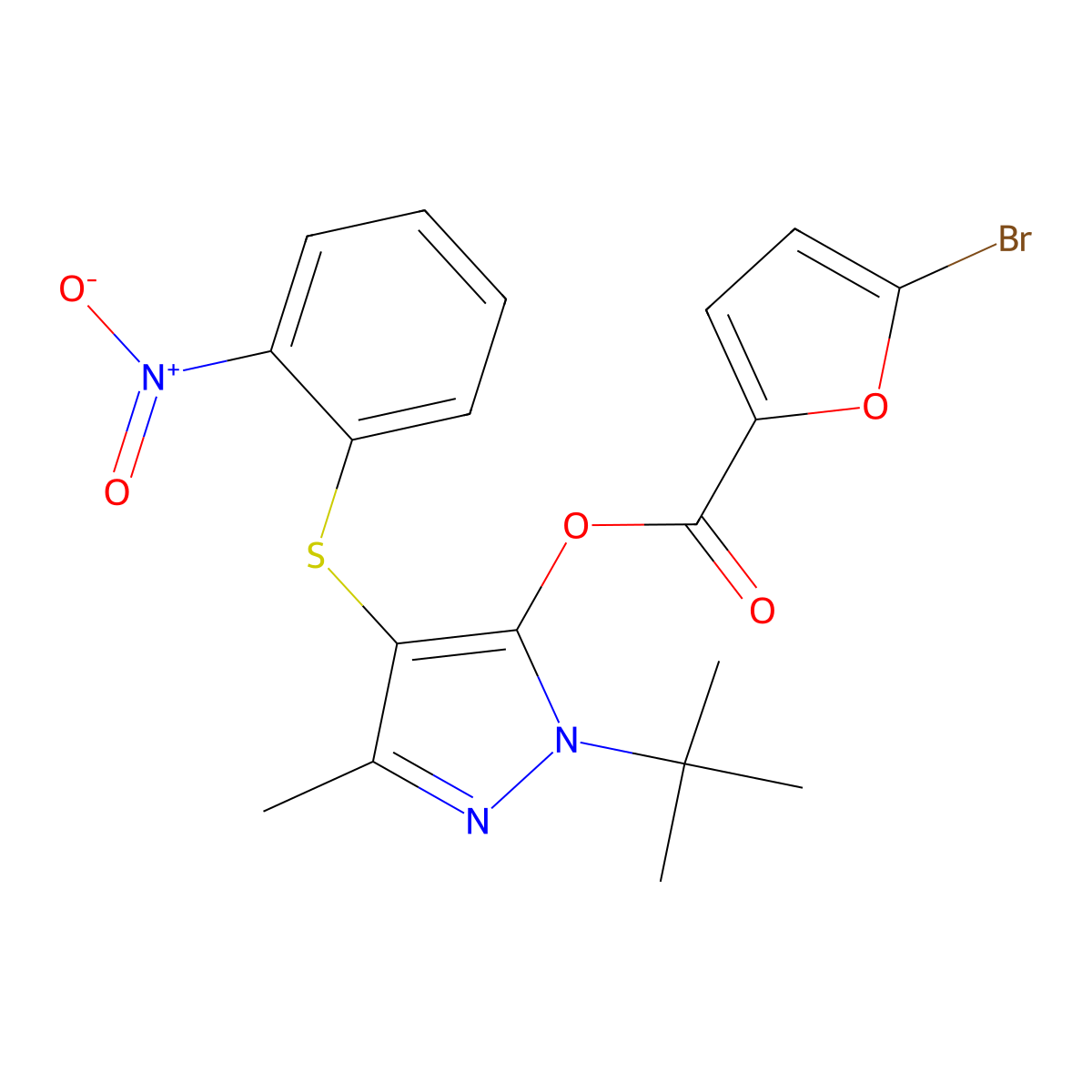 [2-Tert-butyl-5-methyl-4-(2-nitrophenyl)sulfanylpyrazol-3-yl] 5-bromofuran-2-carboxylate molecular structure, CAS 851127-34-9