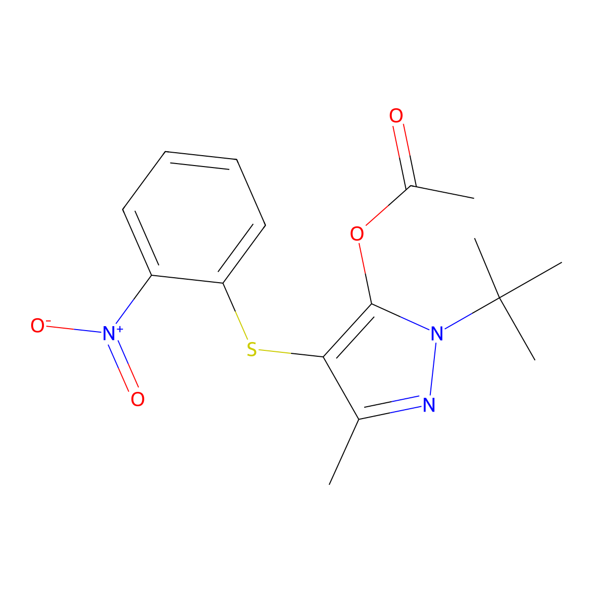 [2-Tert-butyl-5-methyl-4-(2-nitrophenyl)sulfanylpyrazol-3-yl] acetate molecular structure, CAS 851127-35-0