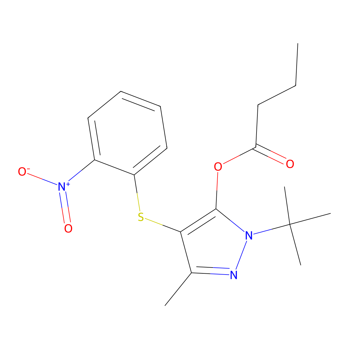 1-(tert-butyl)-3-methyl-4-((2-nitrophenyl)thio)-1H-pyrazol-5-yl butyrate molecular structure, CAS 851127-40-7