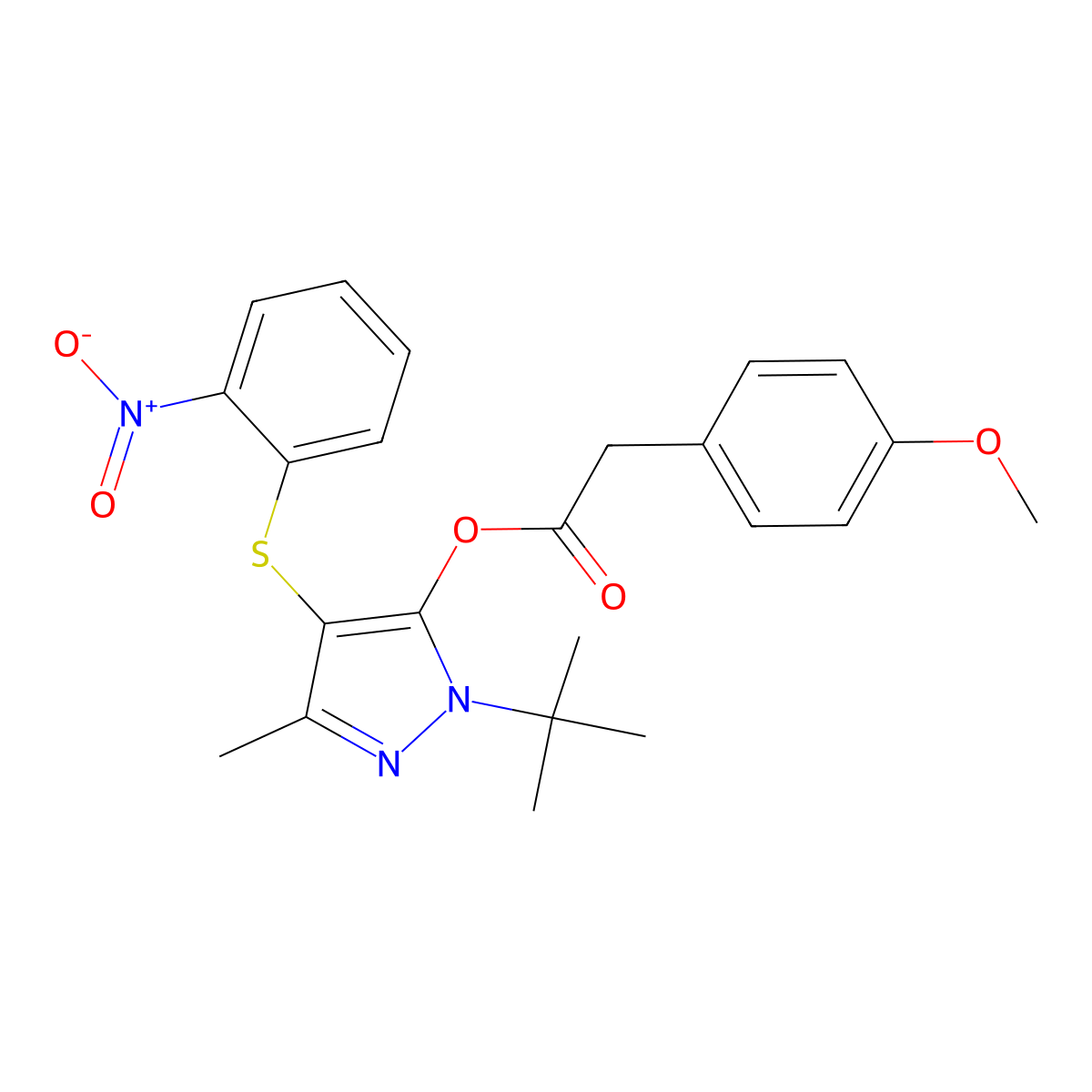 [2-Tert-butyl-5-methyl-4-(2-nitrophenyl)sulfanylpyrazol-3-yl] 2-(4-methoxyphenyl)acetate molecular structure, CAS 851127-46-3