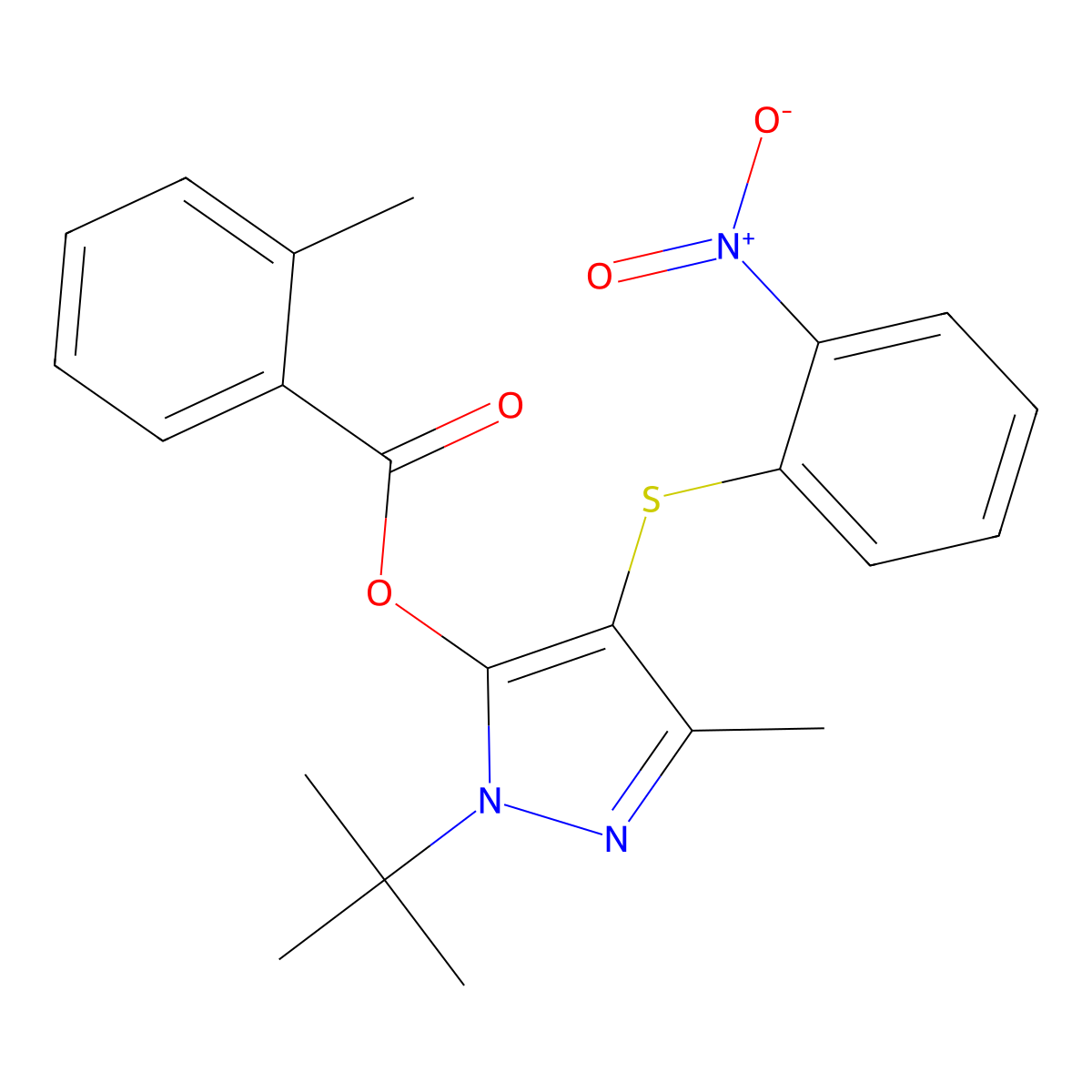 1-(tert-butyl)-3-methyl-4-((2-nitrophenyl)thio)-1H-pyrazol-5-yl 2-methylbenzoate molecular structure, CAS 851127-49-6