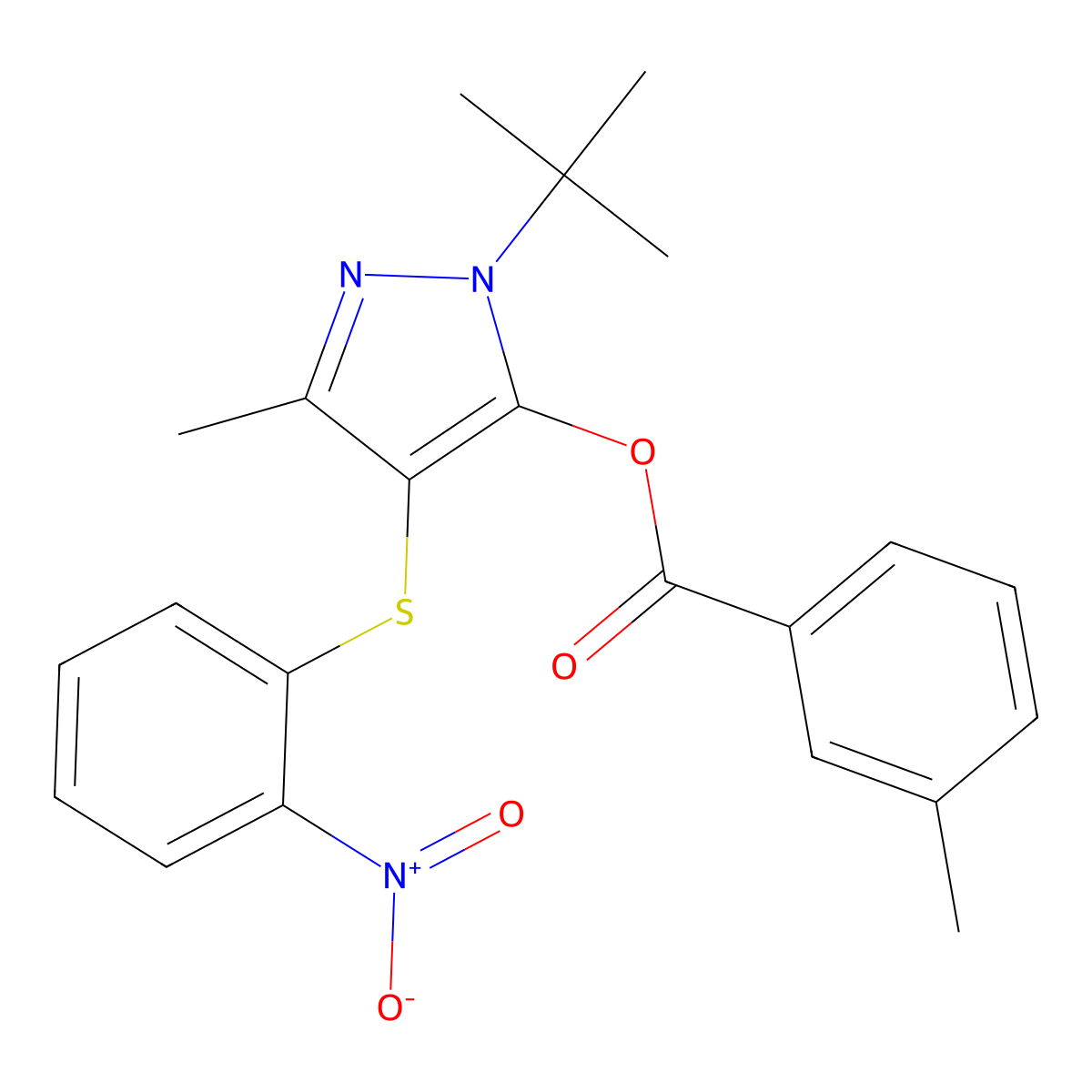 1-(tert-butyl)-3-methyl-4-((2-nitrophenyl)thio)-1H-pyrazol-5-yl 3-methylbenzoate molecular structure, CAS 851127-50-9