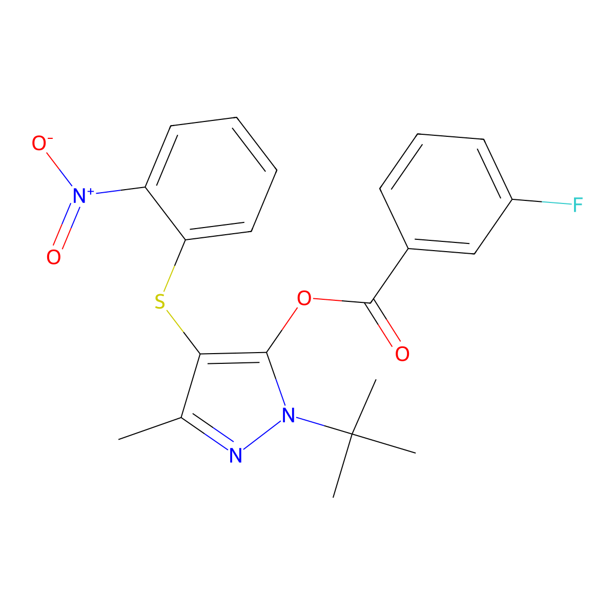 [2-Tert-butyl-5-methyl-4-(2-nitrophenyl)sulfanylpyrazol-3-yl] 3-fluorobenzoate molecular structure, CAS 851127-53-2