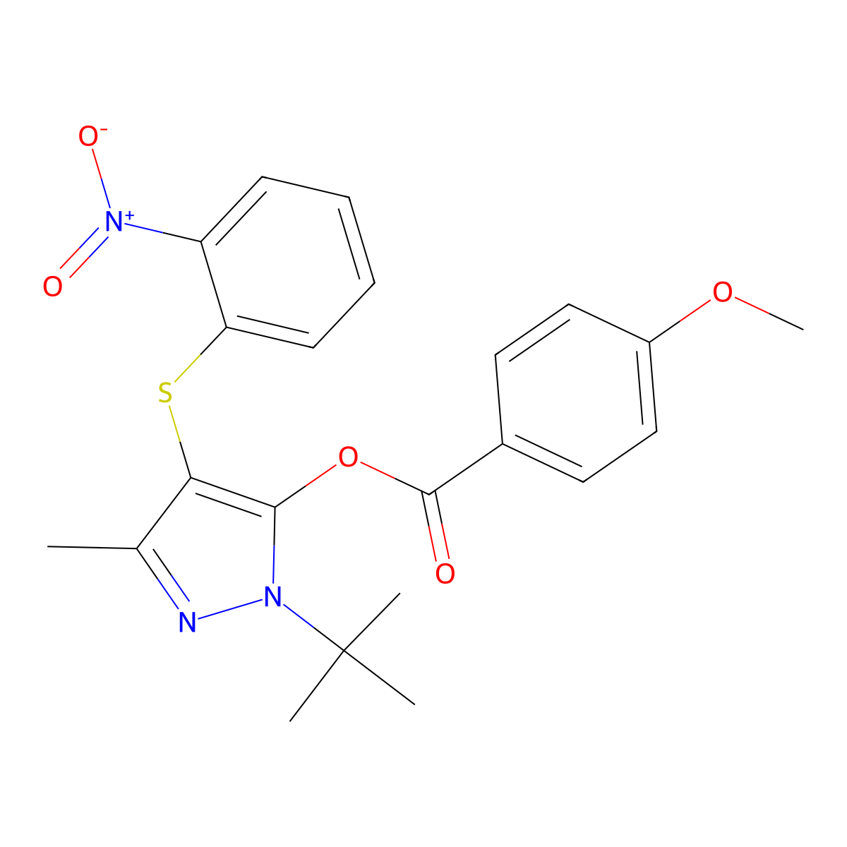 [2-Tert-butyl-5-methyl-4-(2-nitrophenyl)sulfanylpyrazol-3-yl] 4-methoxybenzoate molecular structure, CAS 851127-57-6