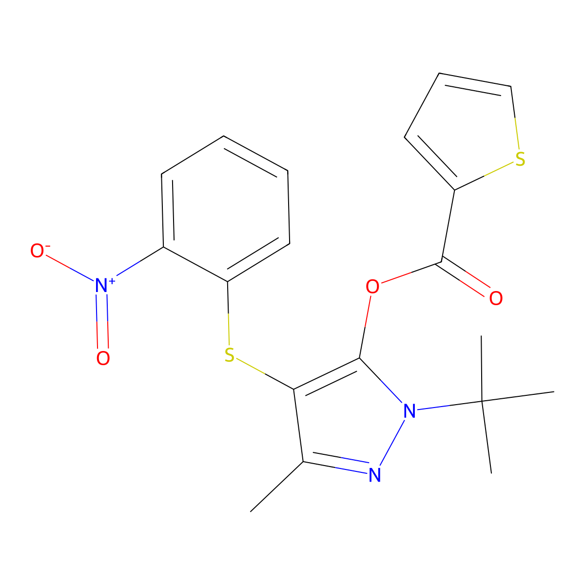 1-(tert-butyl)-3-methyl-4-((2-nitrophenyl)thio)-1H-pyrazol-5-yl thiophene-2-carboxylate molecular structure, CAS 851127-65-6