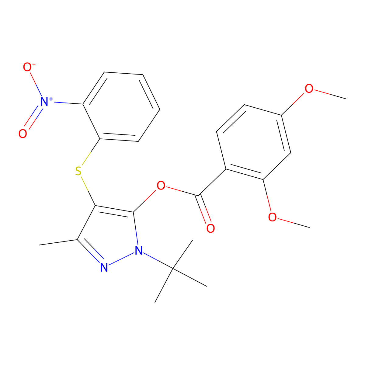 [2-Tert-butyl-5-methyl-4-(2-nitrophenyl)sulfanylpyrazol-3-yl] 2,4-dimethoxybenzoate molecular structure, CAS 851127-66-7