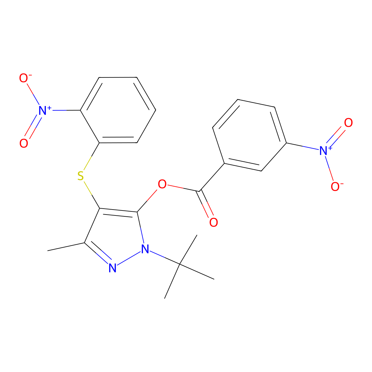 1-(tert-butyl)-3-methyl-4-((2-nitrophenyl)thio)-1H-pyrazol-5-yl 3-nitrobenzoate molecular structure, CAS 851127-68-9