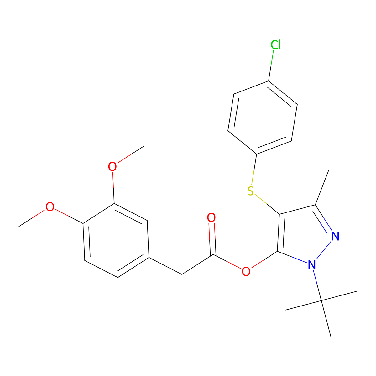 1-(tert-butyl)-4-((4-chlorophenyl)thio)-3-methyl-1H-pyrazol-5-yl 2-(3,4-dimethoxyphenyl)acetate molecular structure, CAS 851127-73-6