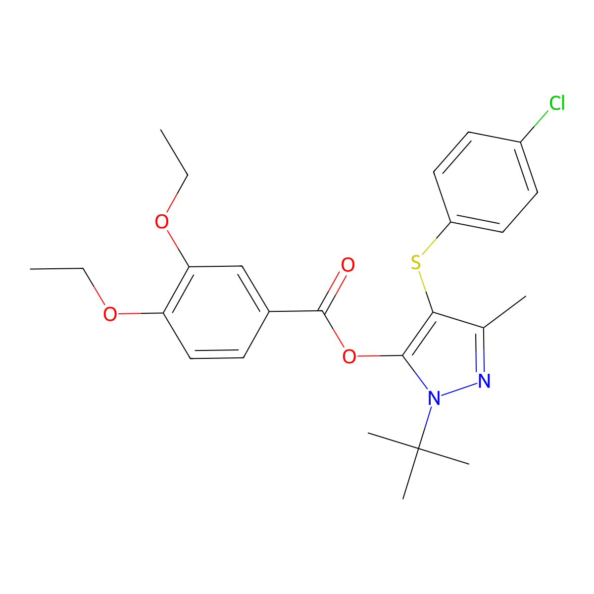 1-(tert-butyl)-4-((4-chlorophenyl)thio)-3-methyl-1H-pyrazol-5-yl 3,4-diethoxybenzoate molecular structure, CAS 851127-76-9