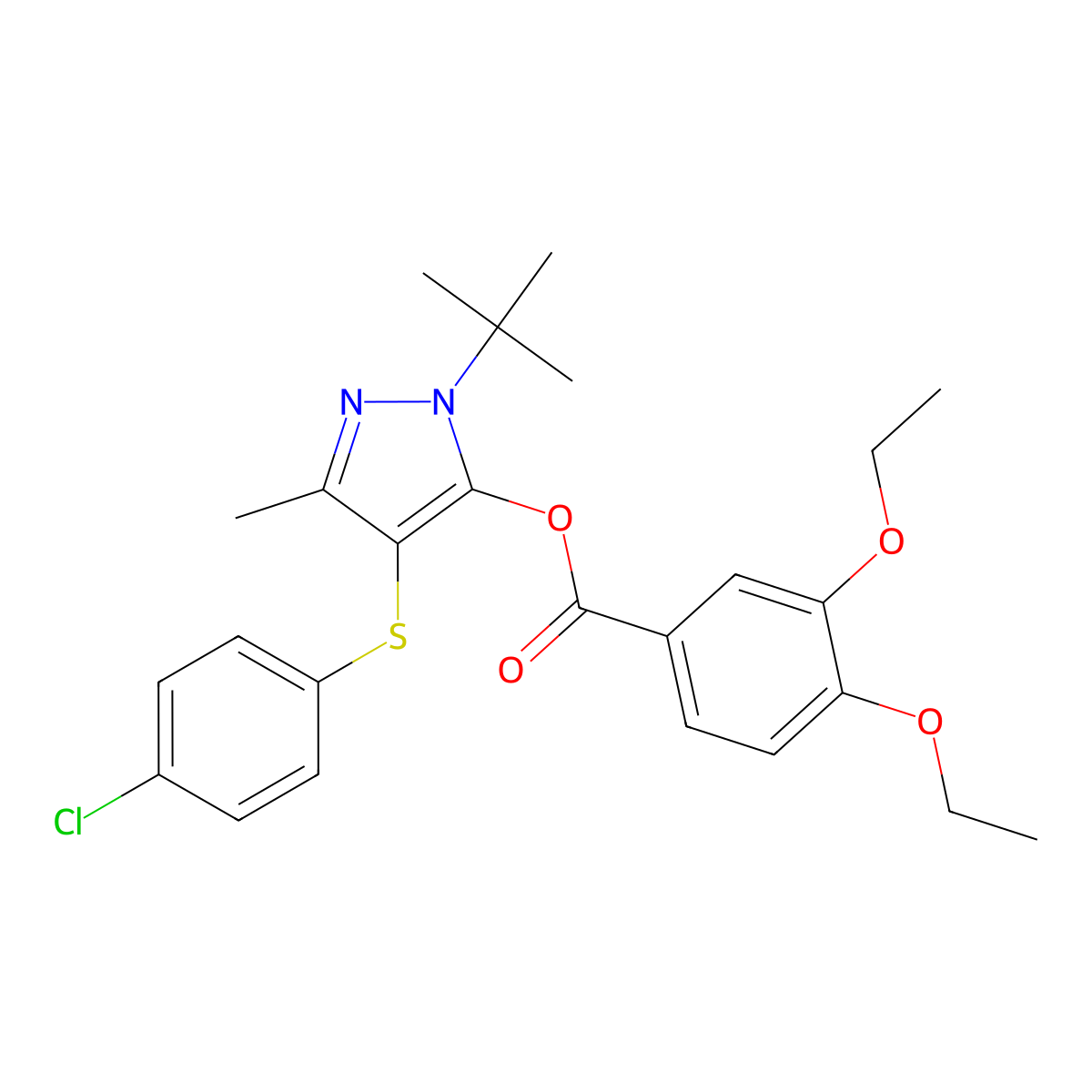 1-(tert-butyl)-4-((4-chlorophenyl)thio)-3-methyl-1H-pyrazol-5-yl 3,4-diethoxybenzoate molecular structure, CAS 851127-76-9