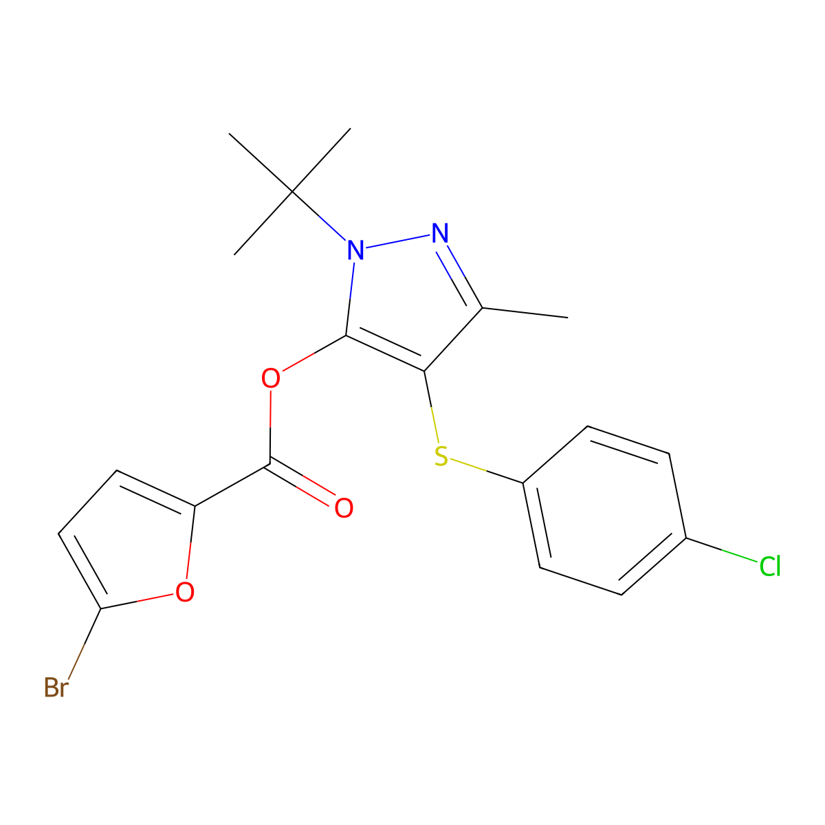 [2-Tert-butyl-4-(4-chlorophenyl)sulfanyl-5-methylpyrazol-3-yl] 5-bromofuran-2-carboxylate molecular structure, CAS 851127-77-0