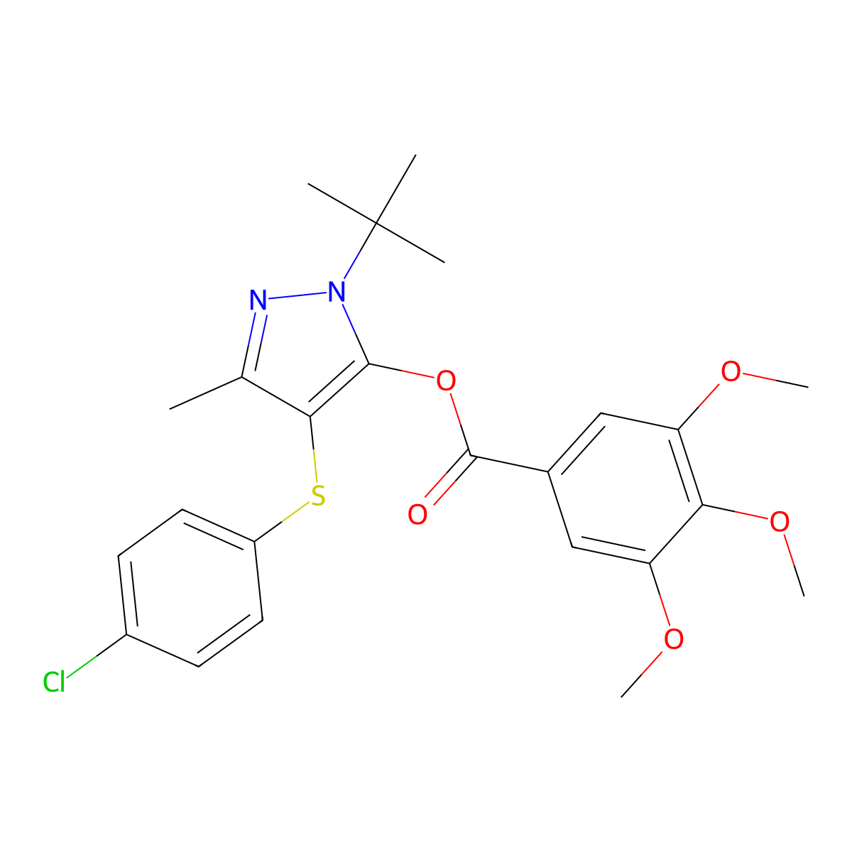 [2-Tert-butyl-4-(4-chlorophenyl)sulfanyl-5-methylpyrazol-3-yl] 3,4,5-trimethoxybenzoate molecular structure, CAS 851127-87-2