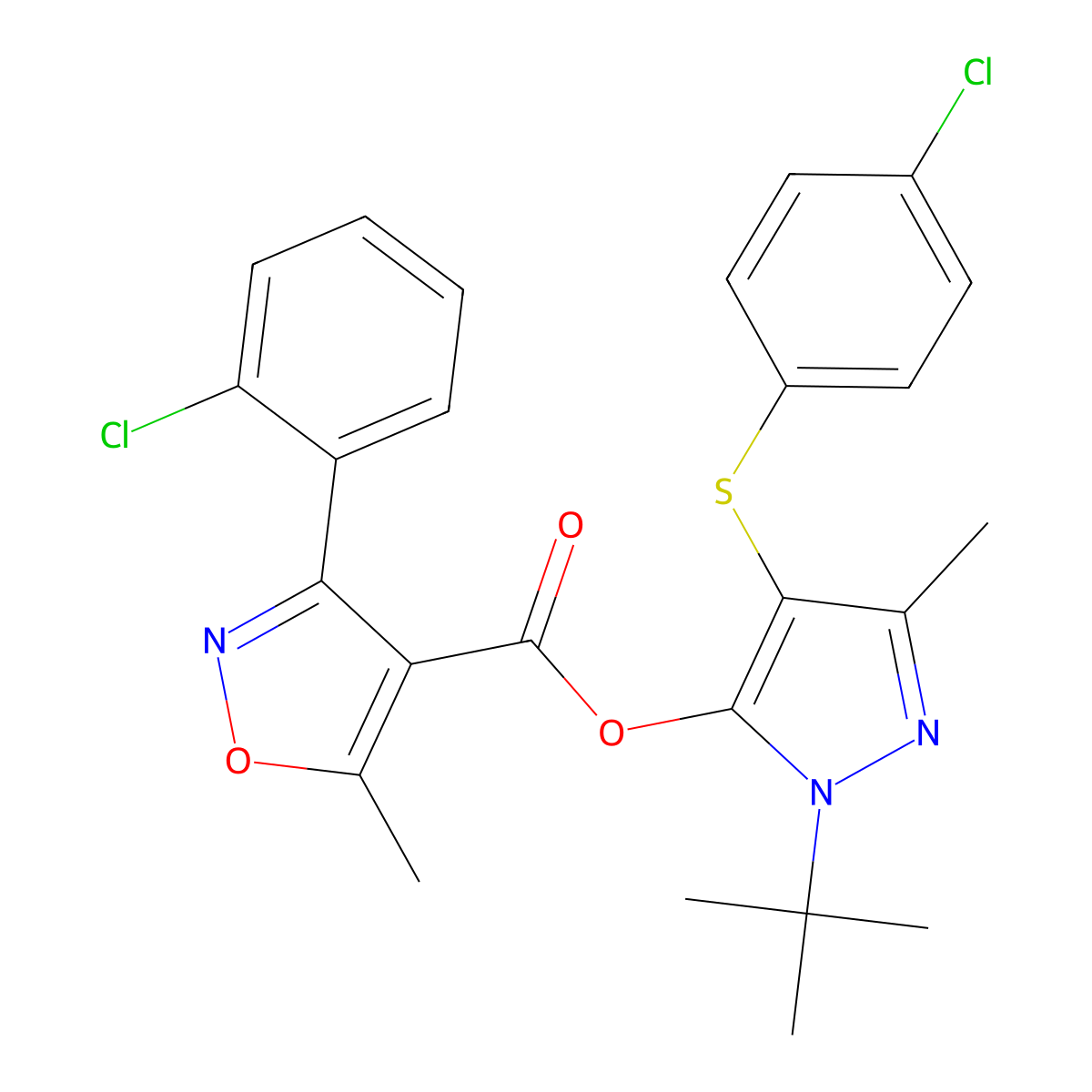 1-(tert-butyl)-4-((4-chlorophenyl)thio)-3-methyl-1H-pyrazol-5-yl 3-(2-chlorophenyl)-5-methylisoxazole-4-carboxylate molecular structure, CAS 851127-88-3