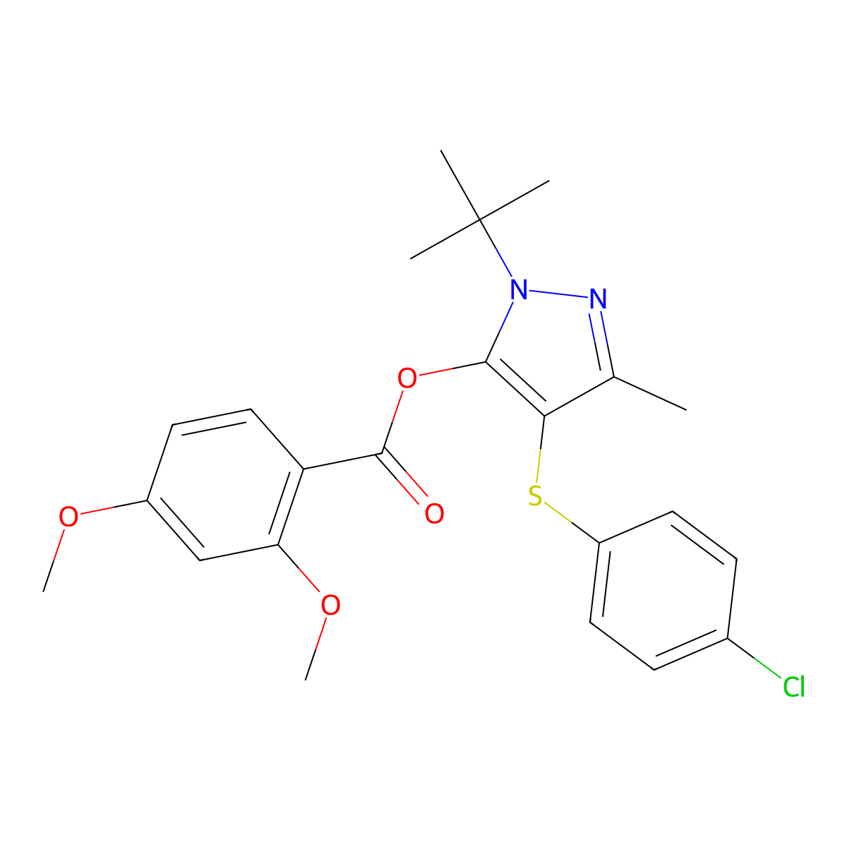 1-(tert-butyl)-4-((4-chlorophenyl)thio)-3-methyl-1H-pyrazol-5-yl 2,4-dimethoxybenzoate molecular structure, CAS 851127-91-8