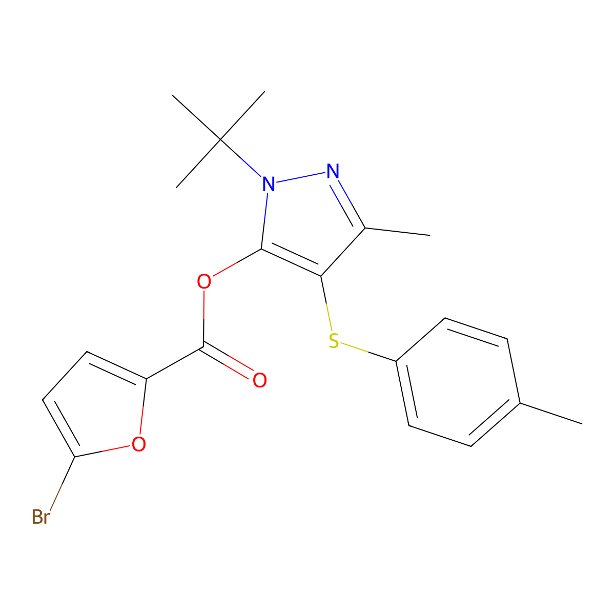 [2-Tert-butyl-5-methyl-4-(4-methylphenyl)sulfanylpyrazol-3-yl] 5-bromofuran-2-carboxylate molecular structure, CAS 851127-97-4