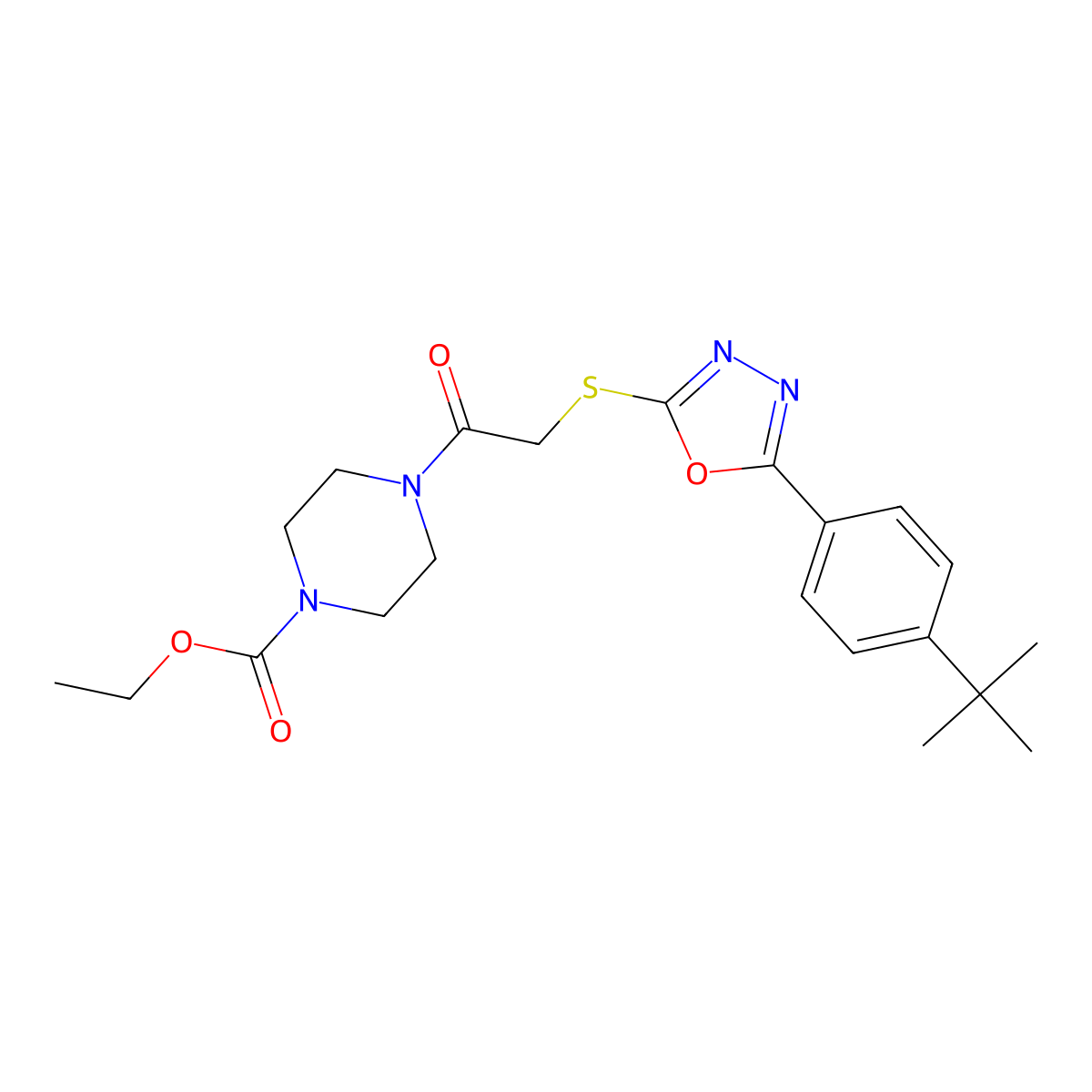 Ethyl 4-(2-{[5-(4-tert-butylphenyl)-1,3,4-oxadiazol-2-YL]sulfanyl}acetyl)piperazine-1-carboxylate molecular structure, CAS 851129-23-2