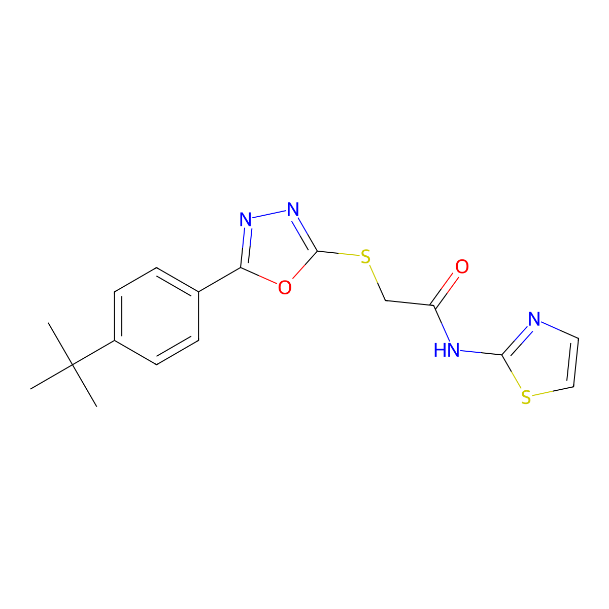 2-((5-(4-(tert-butyl)phenyl)-1,3,4-oxadiazol-2-yl)thio)-N-(thiazol-2-yl)acetamide molecular structure, CAS 851129-24-3