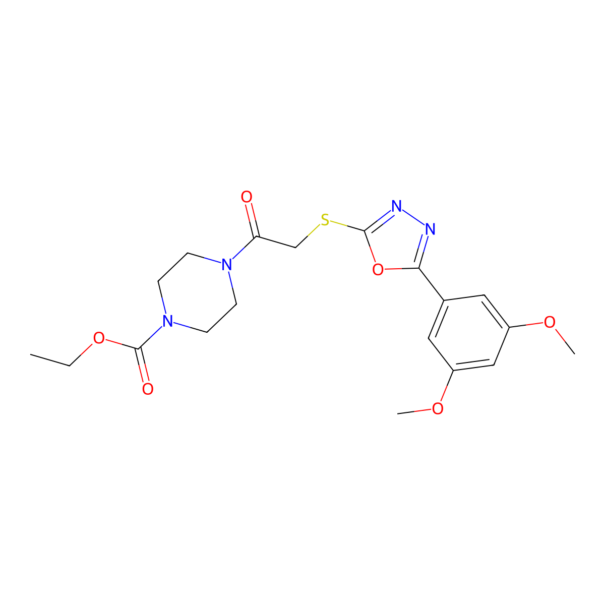 Ethyl 4-(2-{[5-(3,5-dimethoxyphenyl)-1,3,4-oxadiazol-2-YL]sulfanyl}acetyl)piperazine-1-carboxylate molecular structure, CAS 851129-27-6