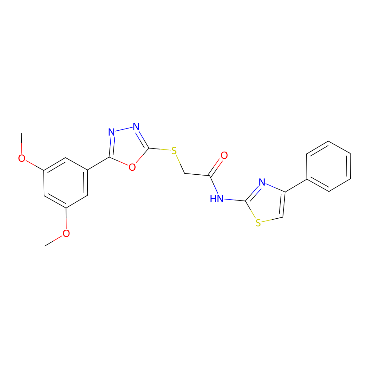 2-((5-(3,5-dimethoxyphenyl)-1,3,4-oxadiazol-2-yl)thio)-N-(4-phenylthiazol-2-yl)acetamide molecular structure, CAS 851129-29-8