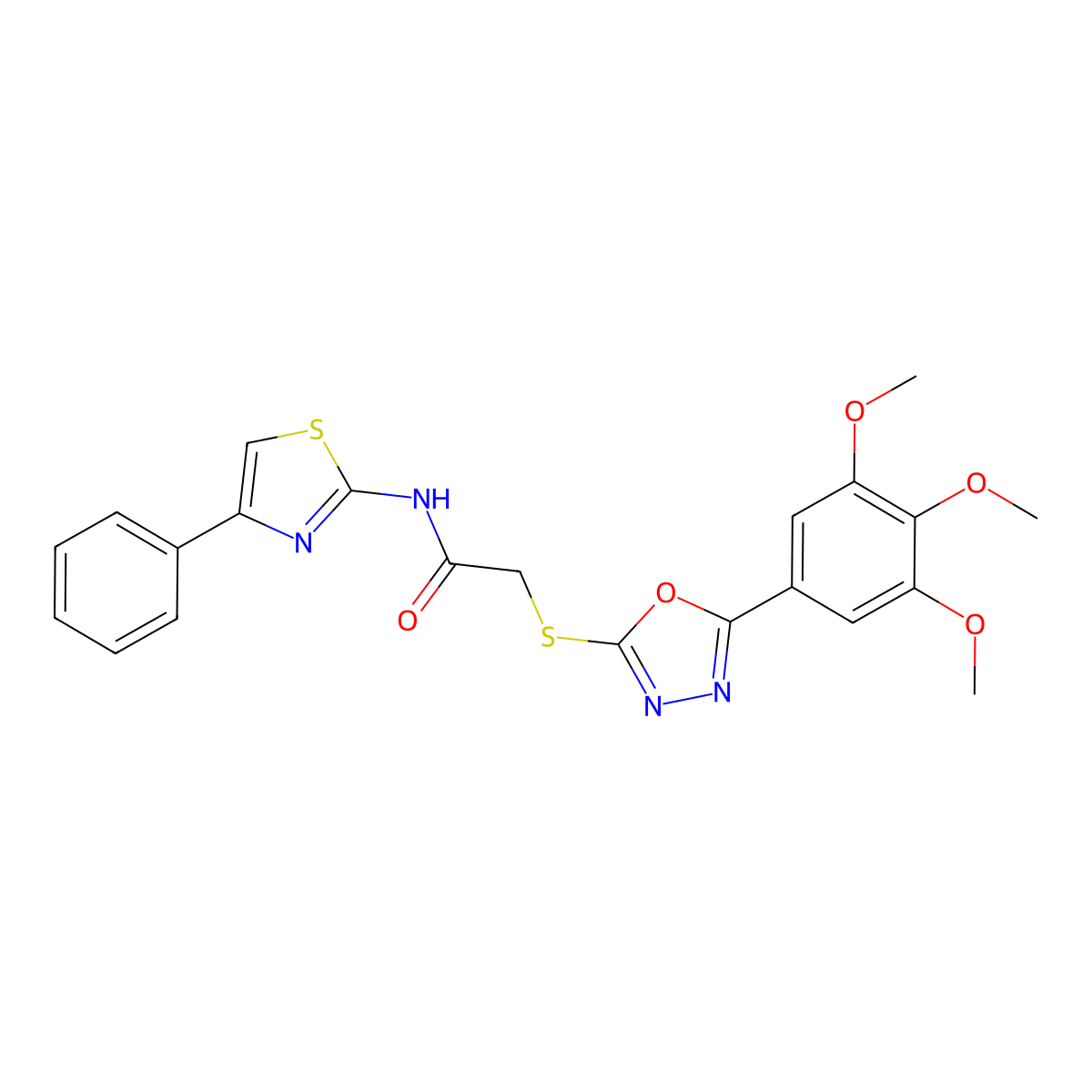 N-(4-phenylthiazol-2-yl)-2-((5-(3,4,5-trimethoxyphenyl)-1,3,4-oxadiazol-2-yl)thio)acetamide molecular structure, CAS 851129-34-5