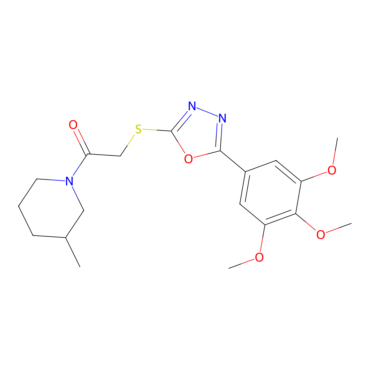 1-(3-Methylpiperidin-1-yl)-2-((5-(3,4,5-trimethoxyphenyl)-1,3,4-oxadiazol-2-yl)thio)ethanone molecular structure, CAS 851129-35-6