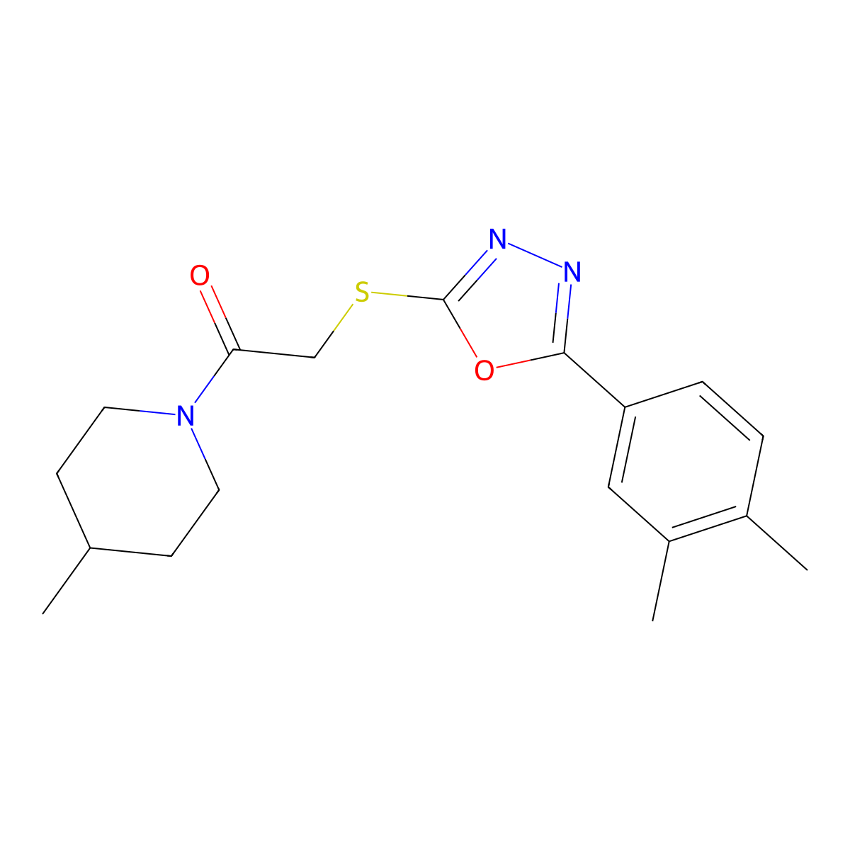 2-((5-(3,4-Dimethylphenyl)-1,3,4-oxadiazol-2-yl)thio)-1-(4-methylpiperidin-1-yl)ethanone molecular structure, CAS 851129-36-7