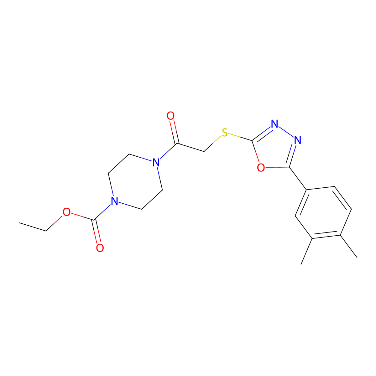 Ethyl 4-(2-{[5-(3,4-dimethylphenyl)-1,3,4-oxadiazol-2-YL]sulfanyl}acetyl)piperazine-1-carboxylate molecular structure, CAS 851129-41-4