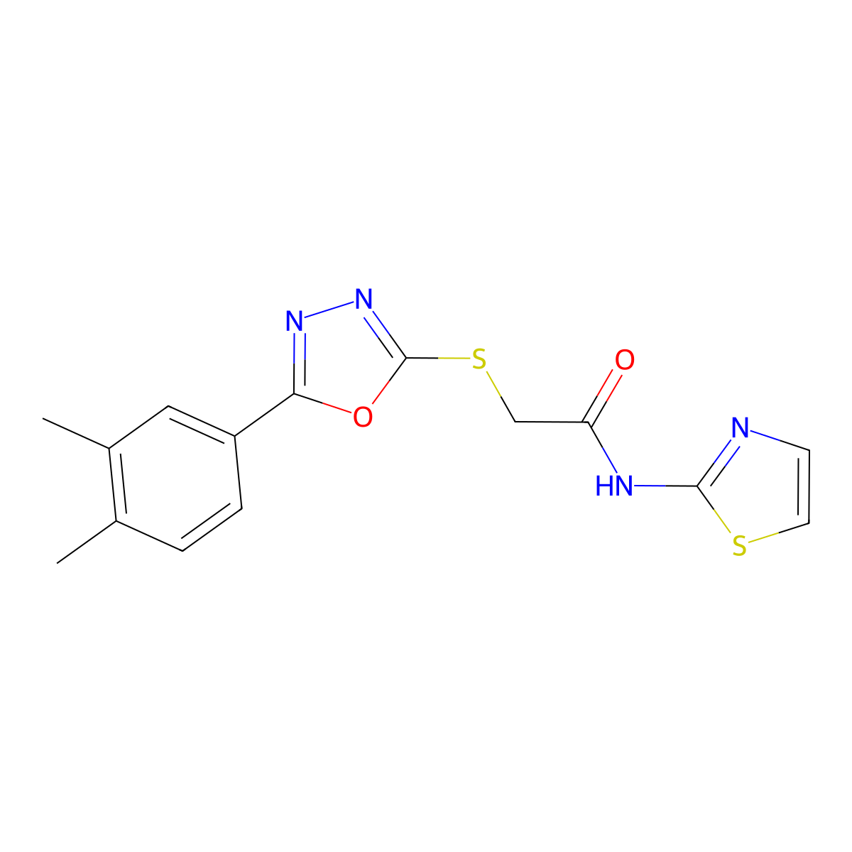 2-((5-(3,4-dimethylphenyl)-1,3,4-oxadiazol-2-yl)thio)-N-(thiazol-2-yl)acetamide molecular structure, CAS 851129-42-5