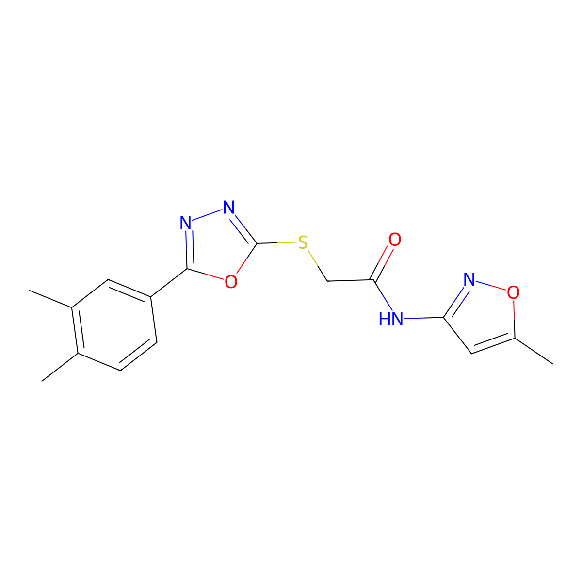 2-{[5-(3,4-dimethylphenyl)-1,3,4-oxadiazol-2-yl]sulfanyl}-N-(5-methyl-1,2-oxazol-3-yl)acetamide molecular structure, CAS 851129-43-6